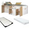 Vente-unique Lit combiné 90 x 200 cm avec bureau et rangements - Coloris : Blanc et naturel + Sommier + Matelas - PEDRO*Enfant Lit Enfant