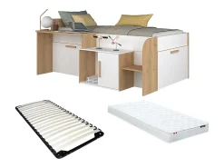 Vente-unique Lit combiné 90 x 200 cm avec bureau et rangements - Coloris : Blanc et naturel + Sommier + Matelas - PEDRO*Enfant Lit Enfant