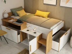 Vente-unique Lit combiné 90 x 200 cm avec bureau et rangements - Coloris : Blanc et naturel + Sommier + Matelas - PEDRO*Enfant Lit Enfant