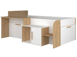 Vente-unique Lit combiné 90 x 200 cm avec bureau et rangements - Coloris : Blanc et naturel + Sommier + Matelas - PEDRO*Enfant Lit Enfant
