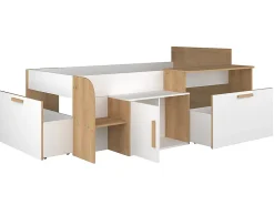 Vente-unique Lit combiné 90 x 200 cm avec bureau et rangements - Coloris : Blanc et naturel + Sommier + Matelas - PEDRO*Enfant Lit Enfant