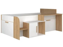 Vente-unique Lit combiné 90 x 200 cm avec bureau et rangements - Coloris : Blanc et naturel + Sommier + Matelas - PEDRO*Enfant Lit Enfant