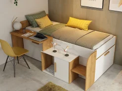 Vente-unique Lit combiné 90 x 200 cm avec bureau et rangements - Coloris : Blanc et naturel + Sommier + Matelas - PEDRO*Enfant Lit Enfant