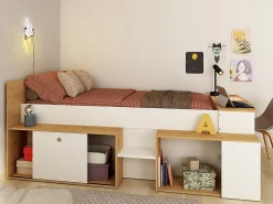 Vente-unique Lit combiné 90 x 200 cm avec bureau et rangements - Blanc et naturel + Sommier + Matelas - PALOMA*Enfant Lit Enfant