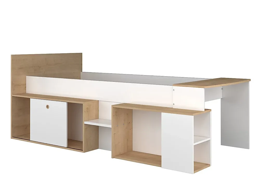 Vente-unique Lit combiné 90 x 200 cm avec bureau et rangements - Blanc et naturel + Sommier + Matelas - PALOMA*Enfant Lit Enfant
