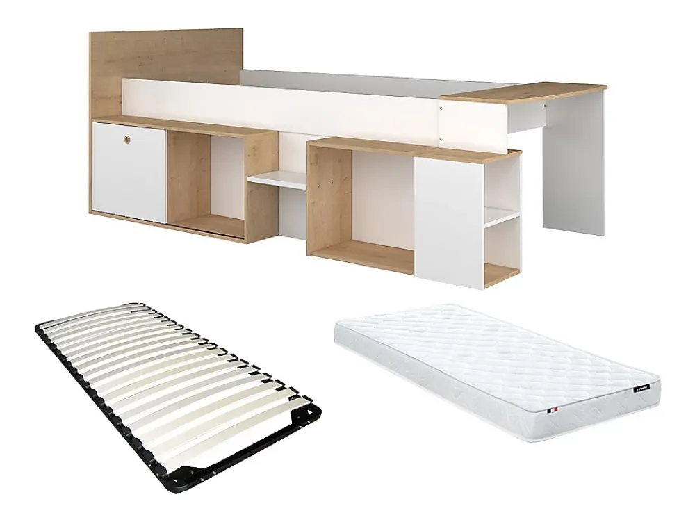 Vente-unique Lit combiné 90 x 200 cm avec bureau et rangements - Blanc et naturel + Sommier + Matelas - PALOMA*Enfant Lit Enfant