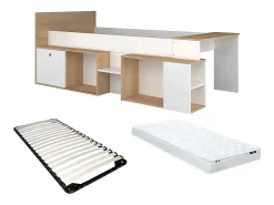 Vente-unique Lit combiné 90 x 200 cm avec bureau et rangements - Blanc et naturel + Sommier + Matelas - PALOMA*Enfant Lit Enfant