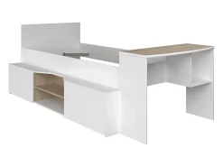 Vente-unique Lit combiné 90 x 190/200 cm avec bureau et rangements - Blanc et naturel + Sommier + Matelas - JOCHIANE*Enfant Lit Enfant
