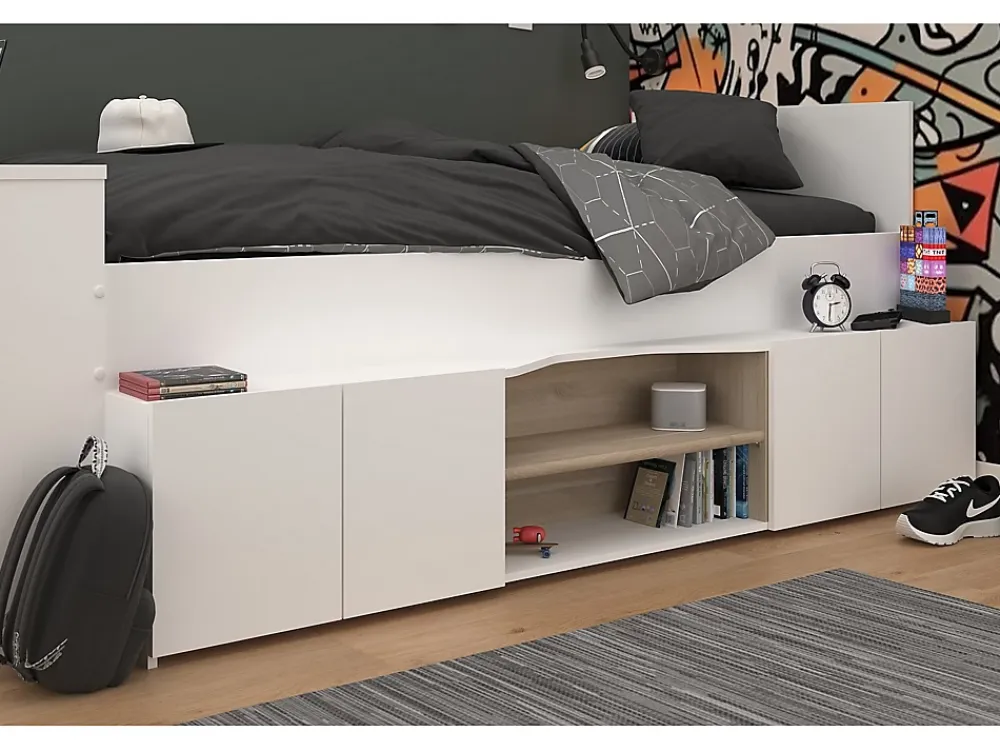 Vente-unique Lit combiné 90 x 190/200 cm avec bureau et rangements - Blanc et naturel + Sommier + Matelas - JOCHIANE*Enfant Lit Enfant