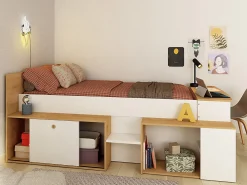 Lit combiné 90 x 200 cm avec bureau et rangements - Blanc et naturel - PALOMA>Vente-unique Online