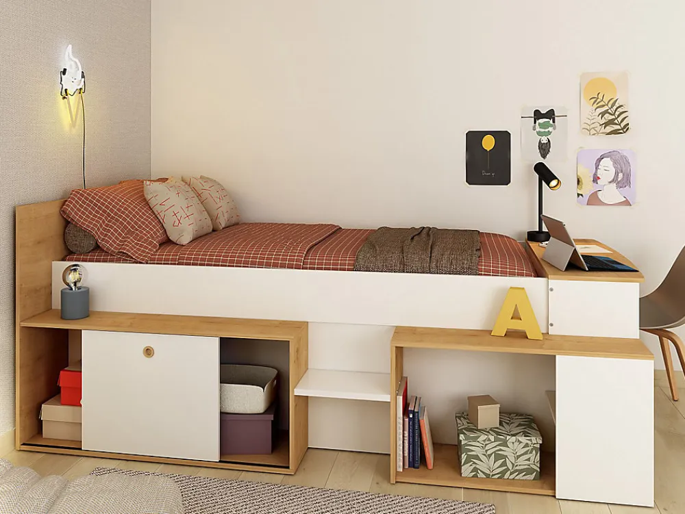 Lit combiné 90 x 200 cm avec bureau et rangements - Blanc et naturel - PALOMA>Vente-unique Online