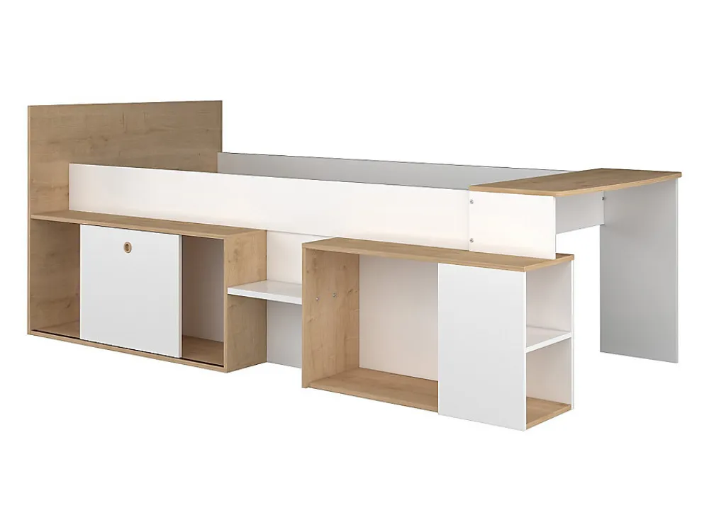 Lit combiné 90 x 200 cm avec bureau et rangements - Blanc et naturel - PALOMA>Vente-unique Online