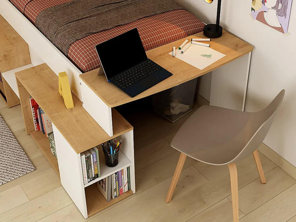 Lit combiné 90 x 200 cm avec bureau et rangements - Blanc et naturel - PALOMA>Vente-unique Online