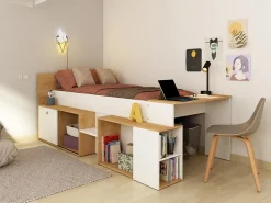Lit combiné 90 x 200 cm avec bureau et rangements - Blanc et naturel - PALOMA><noscript><img width=