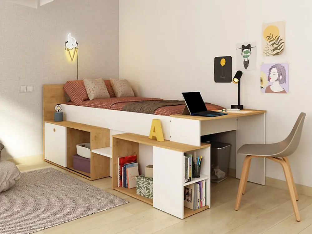 Lit combiné 90 x 200 cm avec bureau et rangements - Blanc et naturel - PALOMA>Vente-unique Online