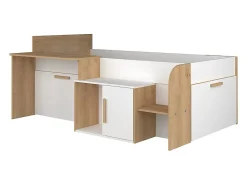 Lit combiné 90 x 200 cm avec bureau et rangements - Coloris : Blanc et naturel - PEDRO><noscript><img width=
