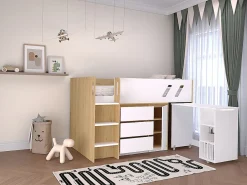 Lit combiné 90 x 190 cm avec bureau et rangements - Coloris : Naturel et blanc - SAGITI>Vente-unique
