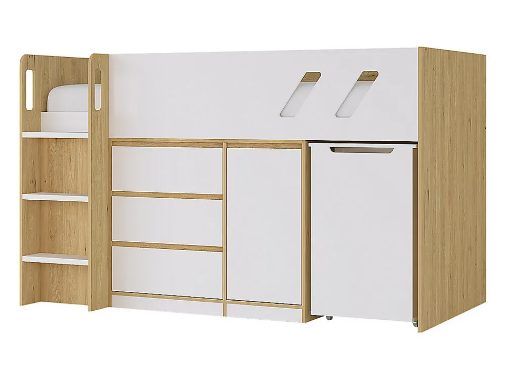 Lit combiné 90 x 190 cm avec bureau et rangements - Coloris : Naturel et blanc - SAGITI>Vente-unique