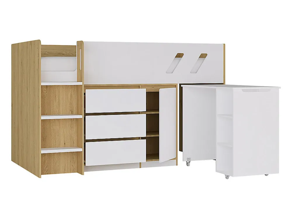 Lit combiné 90 x 190 cm avec bureau et rangements - Coloris : Naturel et blanc - SAGITI>Vente-unique