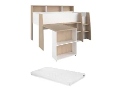 Lit combiné 90 x 200 cm avec bureau et rangements - Blanc et naturel + Matelas - APOLINO>Vente-unique Outlet