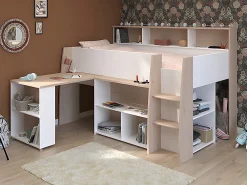 Lit combiné 90 x 200 cm avec bureau et rangements - Blanc et naturel + Matelas - APOLINO><noscript><img width=