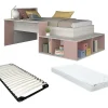 Lit combiné 90 x 200 cm avec rangements et bureau - Coloris : Naturel et rose + Sommier + Matelas - RIGALI>Vente-unique Outlet