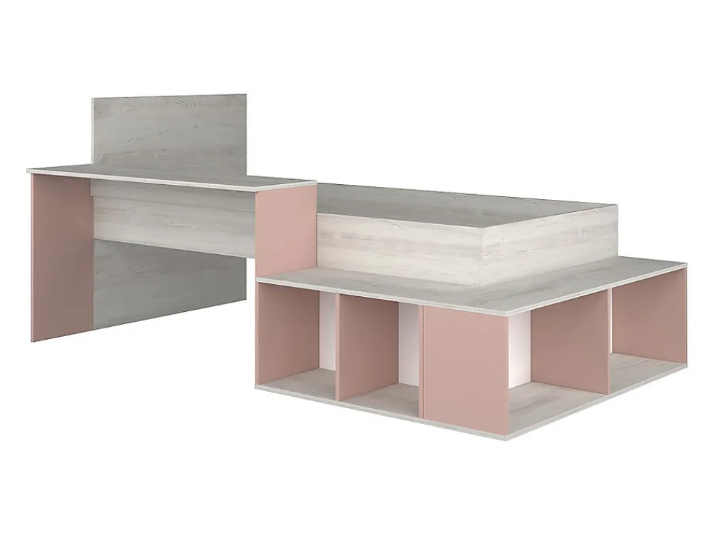 Lit combiné 90 x 200 cm avec rangements et bureau - Coloris : Naturel et rose + Sommier + Matelas - RIGALI>Vente-unique Outlet
