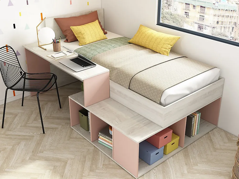 Lit combiné 90 x 200 cm avec rangements et bureau - Coloris : Naturel et rose + Sommier + Matelas - RIGALI>Vente-unique Outlet