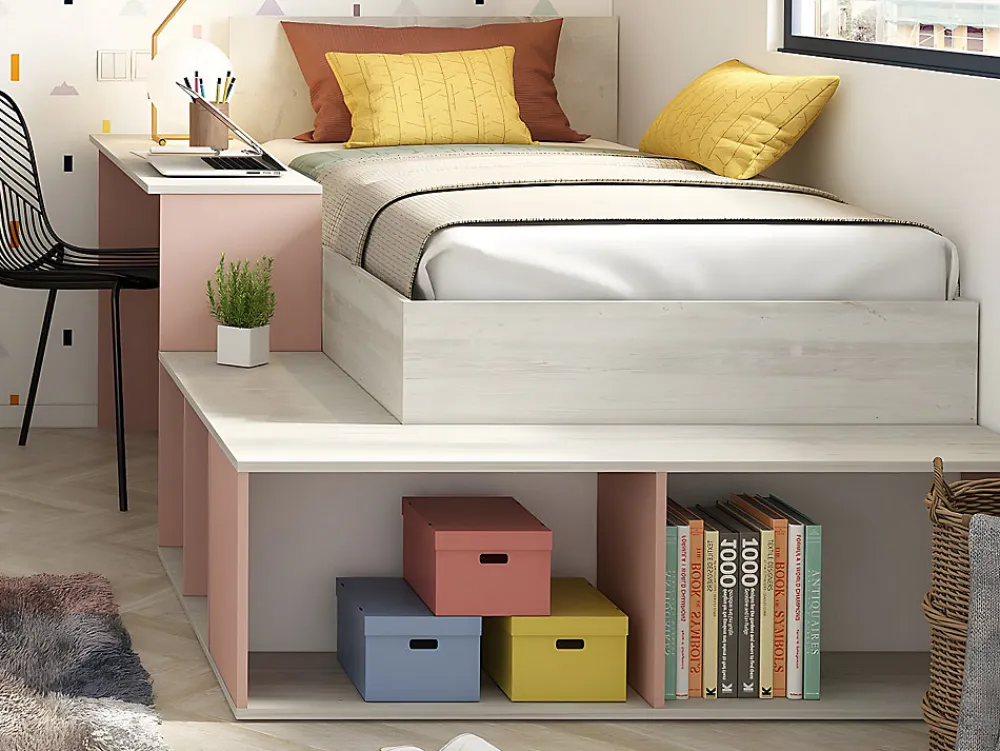 Lit combiné 90 x 200 cm avec rangements et bureau - Coloris : Naturel et rose + Sommier + Matelas - RIGALI>Vente-unique Outlet