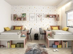 Vente-unique Lit combiné 90 x 200 cm avec rangements et bureau - Coloris : Naturel et Rose - RIGALI*Enfant Lit Enfant
