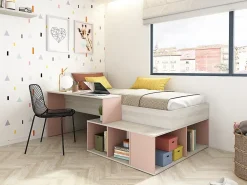 Vente-unique Lit combiné 90 x 200 cm avec rangements et bureau - Coloris : Naturel et Rose - RIGALI*Enfant Lit Enfant