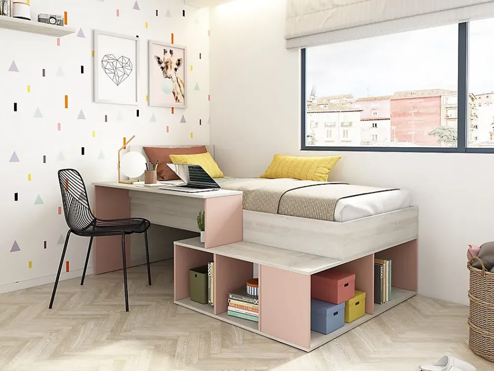 Vente-unique Lit combiné 90 x 200 cm avec rangements et bureau - Coloris : Naturel et Rose - RIGALI*Enfant Lit Enfant