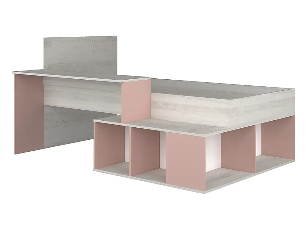 Vente-unique Lit combiné 90 x 200 cm avec rangements et bureau - Coloris : Naturel et Rose - RIGALI*Enfant Lit Enfant
