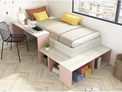 Vente-unique Lit combiné 90 x 200 cm avec rangements et bureau - Coloris : Naturel et Rose - RIGALI*Enfant Lit Enfant
