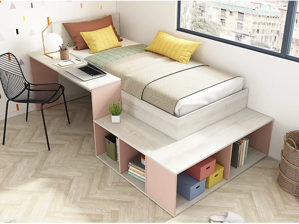 Vente-unique Lit combiné 90 x 200 cm avec rangements et bureau - Coloris : Naturel et Rose - RIGALI*Enfant Lit Enfant