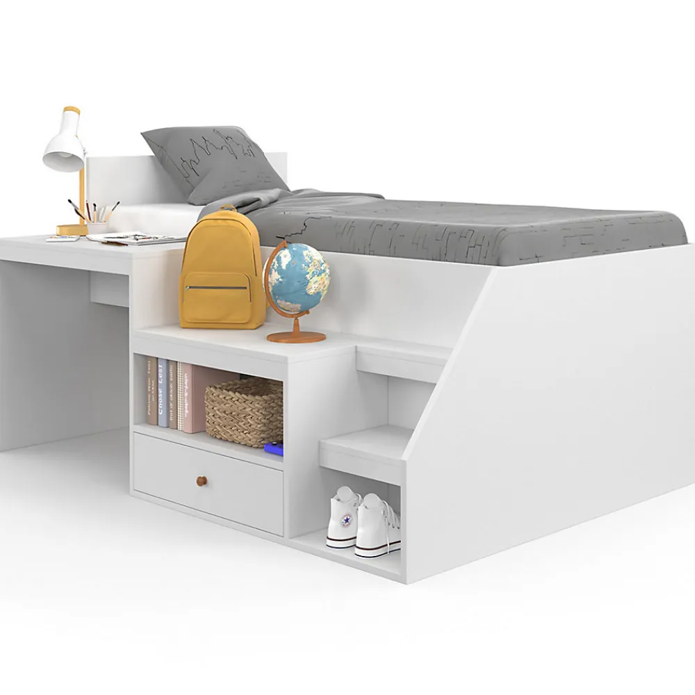 Lit combiné avec sommier, bureau et rangement LEOPOLD 90 x 190 cm blanc>IDMarket Online