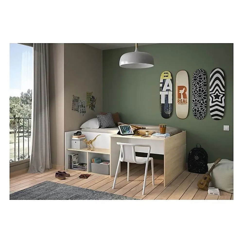 Diagone Lit combiné enfant OSCAR - 90 x 190 cm - Chene clair / Blanc -* Lit Simple