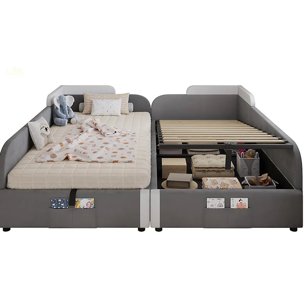 Lit combiné enfant 90x200 cm x2, hydraulique, sac rangement, contreplaqué - gris>Blackcolors Sale