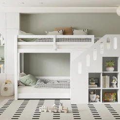 Lit Combiné 90x200 cm - Lit Superposé enfant avec Escaliers et Casier - Bois - Sans Matelas - Blanc>Okwish Clearance