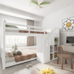 Lit Combiné 90x200 cm - Lit Superposé enfant avec Escaliers et Casier - Bois - Sans Matelas - Blanc><noscript><img width=