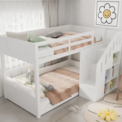 Lit Combiné 90x200 cm - Lit Superposé enfant avec Escaliers et Casier - Bois - Sans Matelas - Blanc><noscript><img width=