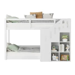 Lit Combiné 90x200 cm - Lit Superposé enfant avec Escaliers et Casier - Bois - Sans Matelas - Blanc><noscript><img width=