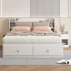 Redom Lit combiné 140x200 cm en bois massif avec tête de lit rangement tiroirs table de chevet armoire et banquette blanc* Lit Avec Rangement