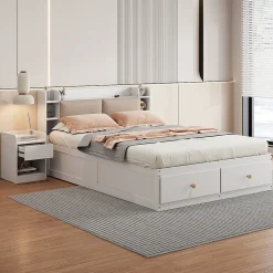 Redom Lit combiné 140x200 cm en bois massif avec tête de lit rangement tiroirs table de chevet armoire et banquette blanc* Lit Avec Rangement