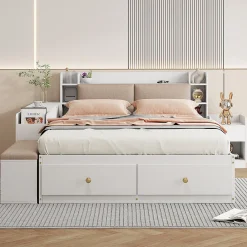 Redom Lit combiné 140x200 cm en bois massif avec tête de lit rangement tiroirs table de chevet armoire et banquette blanc* Lit Avec Rangement