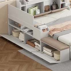Redom Lit combiné 140x200 cm en bois massif avec tête de lit rangement tiroirs table de chevet armoire et banquette blanc* Lit Avec Rangement
