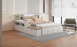 Redom Lit combiné 140x200 cm en bois massif avec tête de lit rangement tiroirs table de chevet armoire et banquette blanc* Lit Avec Rangement