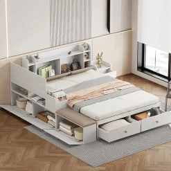 Redom Lit combiné 140x200 cm en bois massif avec tête de lit rangement tiroirs table de chevet armoire et banquette blanc* Lit Avec Rangement