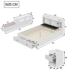 Redom Lit combiné 140x200 cm en bois massif avec tête de lit rangement tiroirs table de chevet armoire et banquette blanc* Lit Avec Rangement