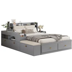 Lit combiné 140x200 cm en bois massif avec tête de lit rangement tiroirs table de chevet armoire et banquette gris>Redom
